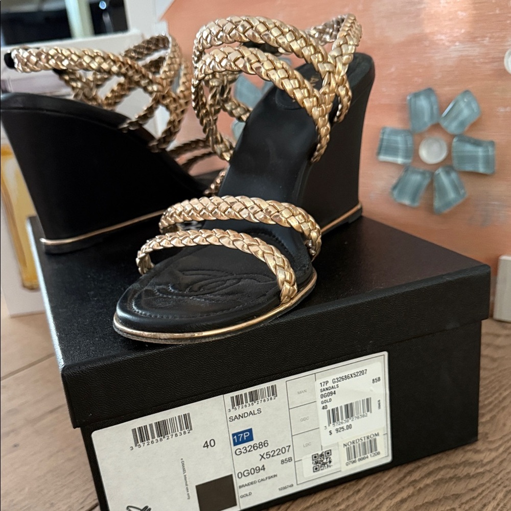 CHANEL RoseGold and Black Wedge Sandals